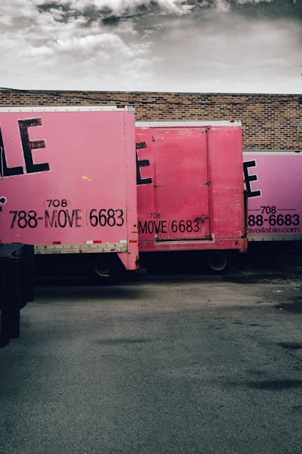 Two large pink moving containers with black lettering and contact information are positioned side by side along a paved area adjacent to a brick wall. The containers are made of plastic or metal, with