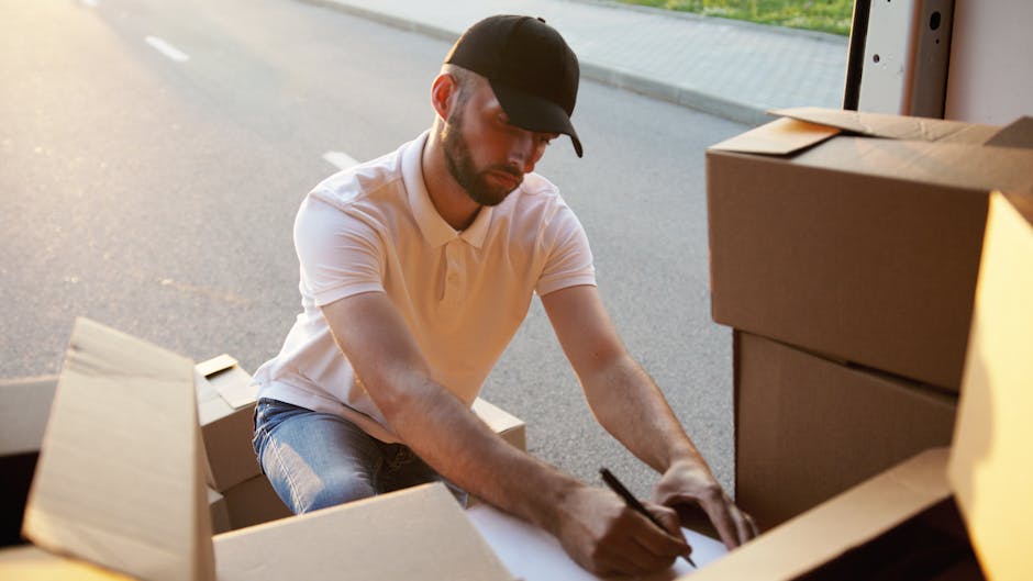 Close-up of a person wearing a white t-shirt holding a clipboard with a pen, standing inside a property near stacked cardboard boxes and packing materials used for home relocation. The individual appe